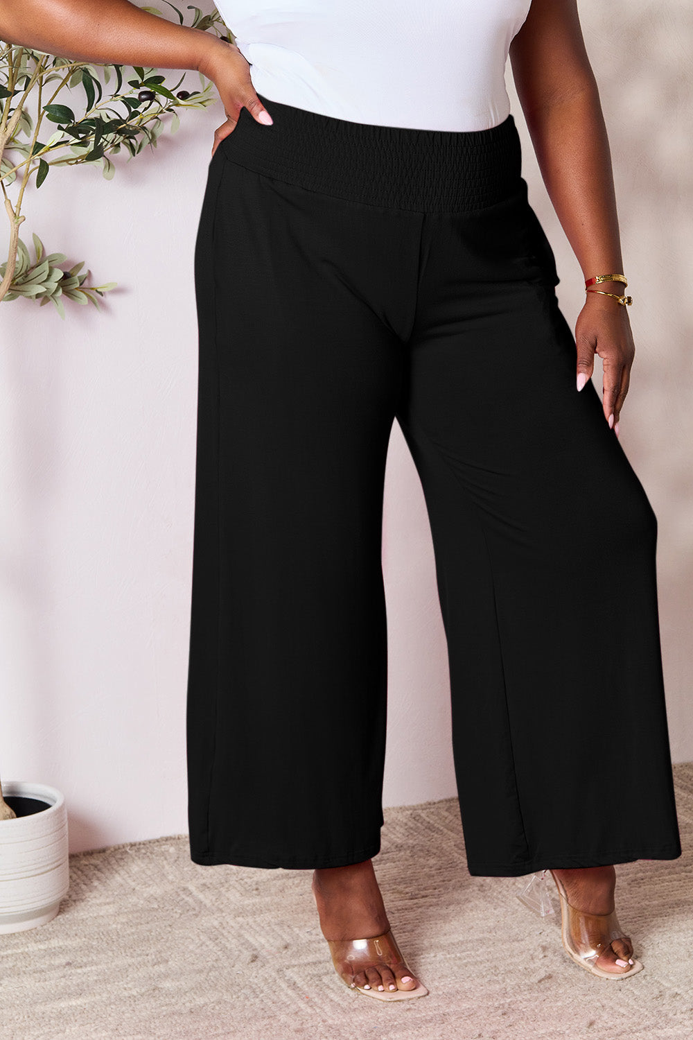 Smocked High-Waist Wide Leg Pants