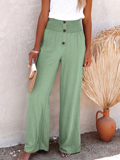 Full Size Decorative Button High Waist Pants Gum Leaf