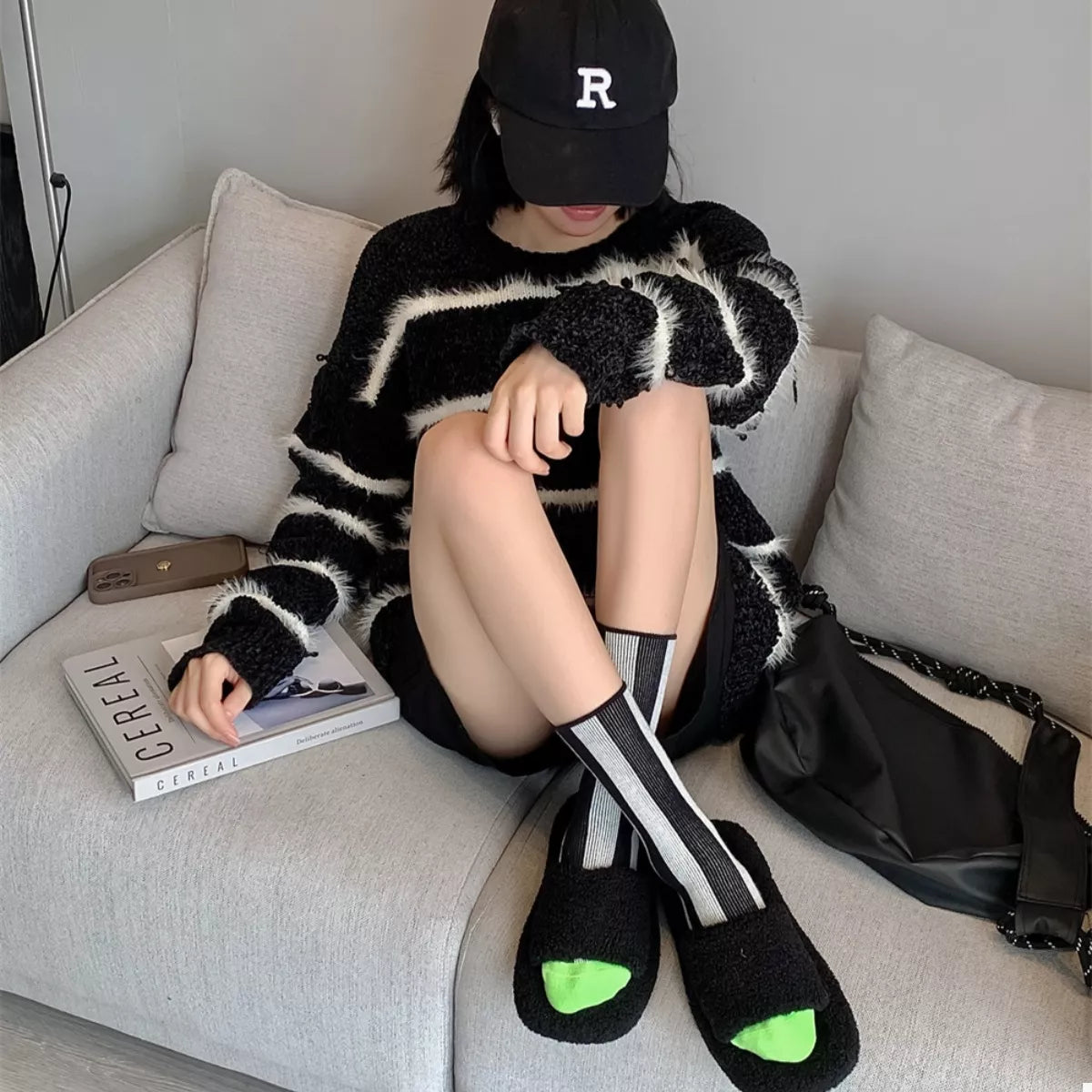 Contrast Striped Crew Socks Black One Size