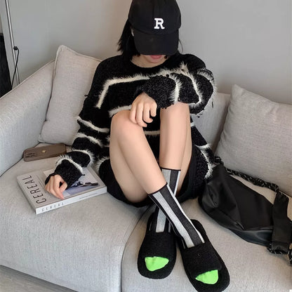 Contrast Striped Crew Socks Black One Size