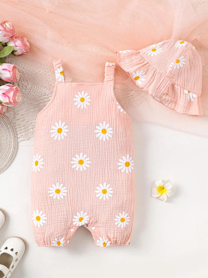 Children's Daisy Textured Wide Strap Romper and Hat Set Watermelon pink