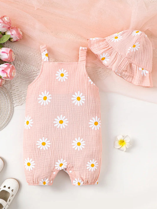 Children's Daisy Textured Wide Strap Romper and Hat Set Watermelon pink