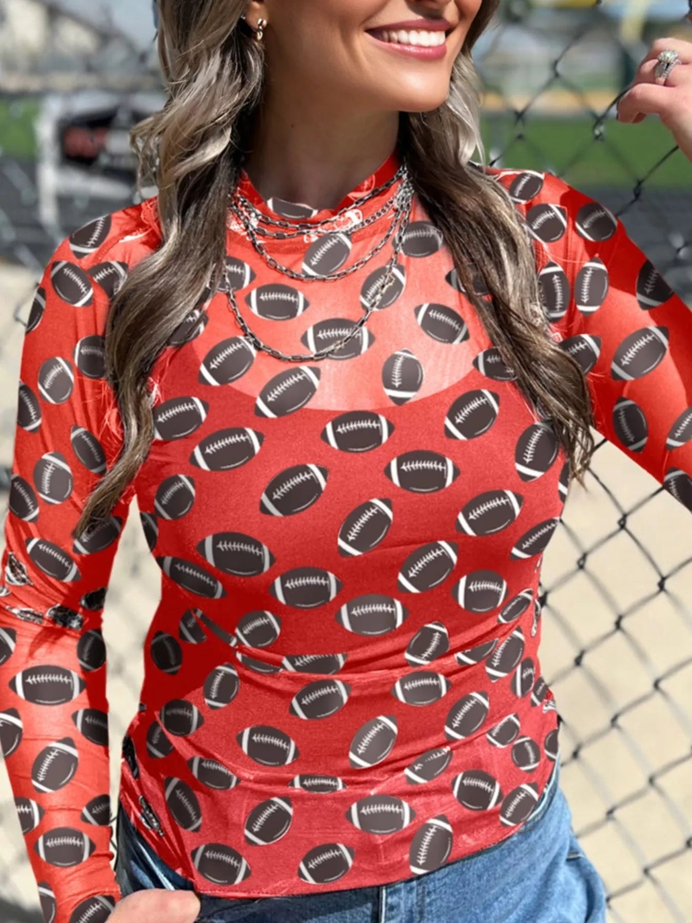 Game Day Mesh Sheer Long Sleeve Top Strawberry