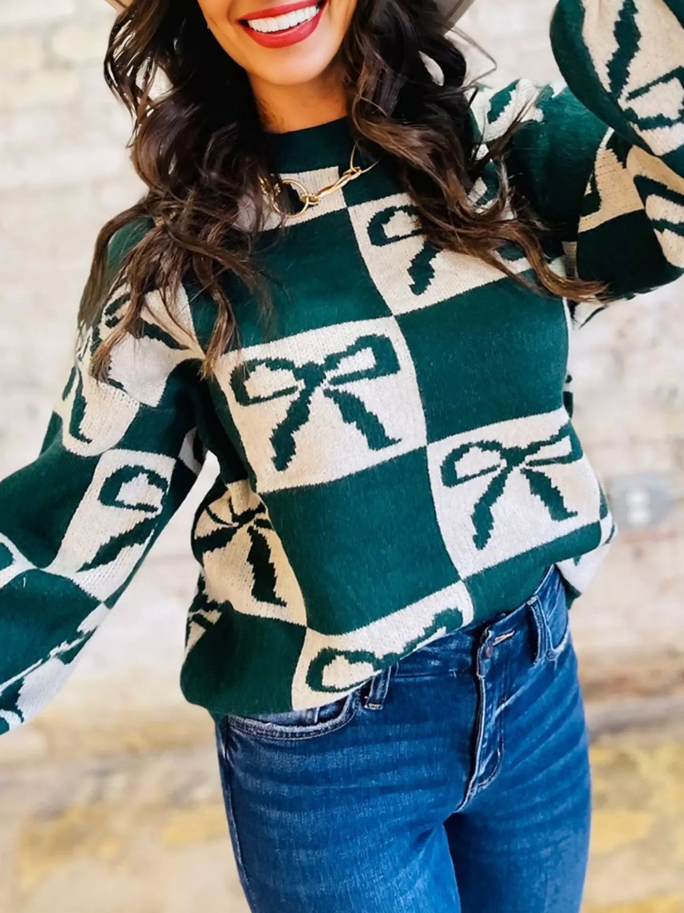 Checkered Bow Round Neck Casual Sweater Dark Green