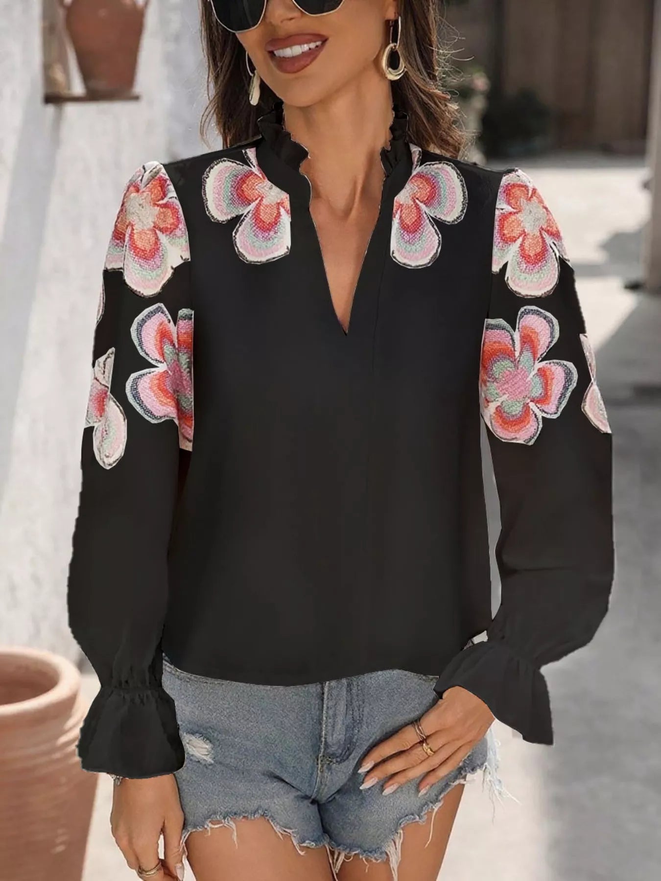 Floral Embroidered Notched Long Sleeve Blouse Black