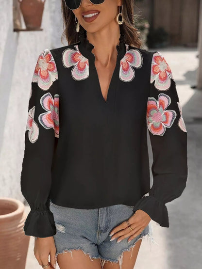 Floral Embroidered Notched Long Sleeve Blouse Black