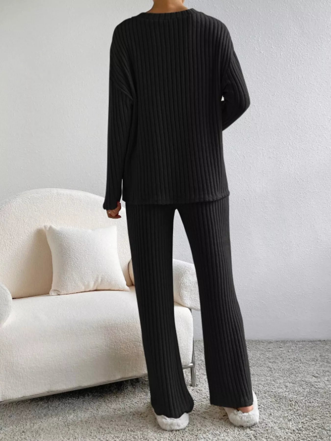 Ribbed Knit Long Sleeve Top and Pants Set