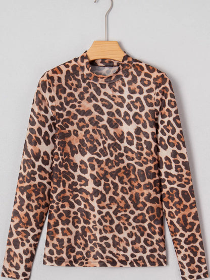 Leopard Mock Neck Long Sleeve Mesh Top