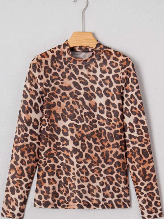 Leopard Mock Neck Long Sleeve Mesh Top
