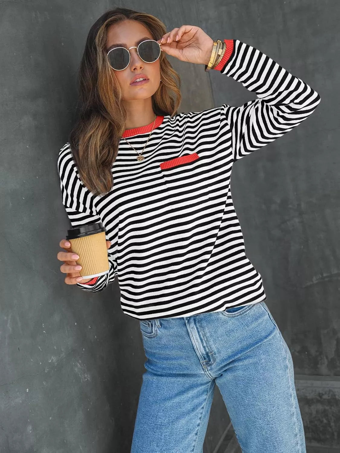 Striped Long Sleeve Sweater with Contrast Ribbed Trim Black Red