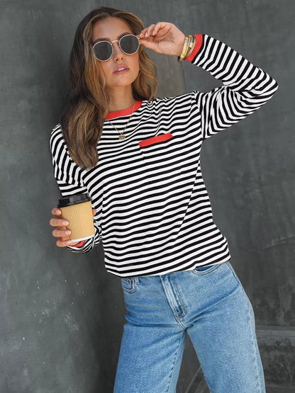 Striped Long Sleeve Sweater with Contrast Ribbed Trim Black Red