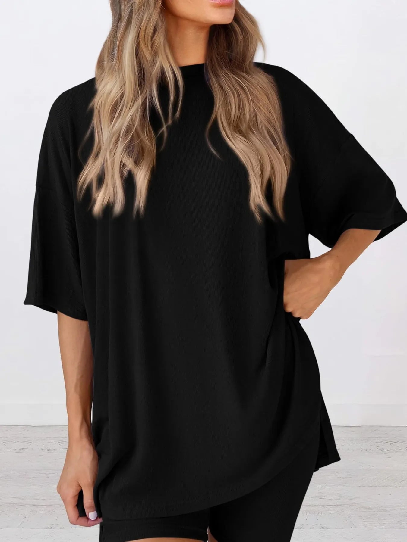 Full Size Oversized Slit Round Neck Top and Shorts Lounge Set Plus Size Black