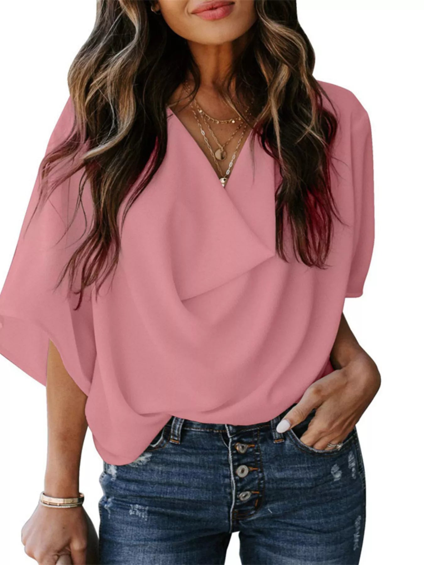 Full Size Half Sleeve Flowy Blouse Plus Size Pink