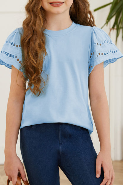Round Neck Flutter Sleeve T-Shirt Misty Blue