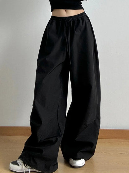 Wide Leg Pants with Drawstring Waist Black