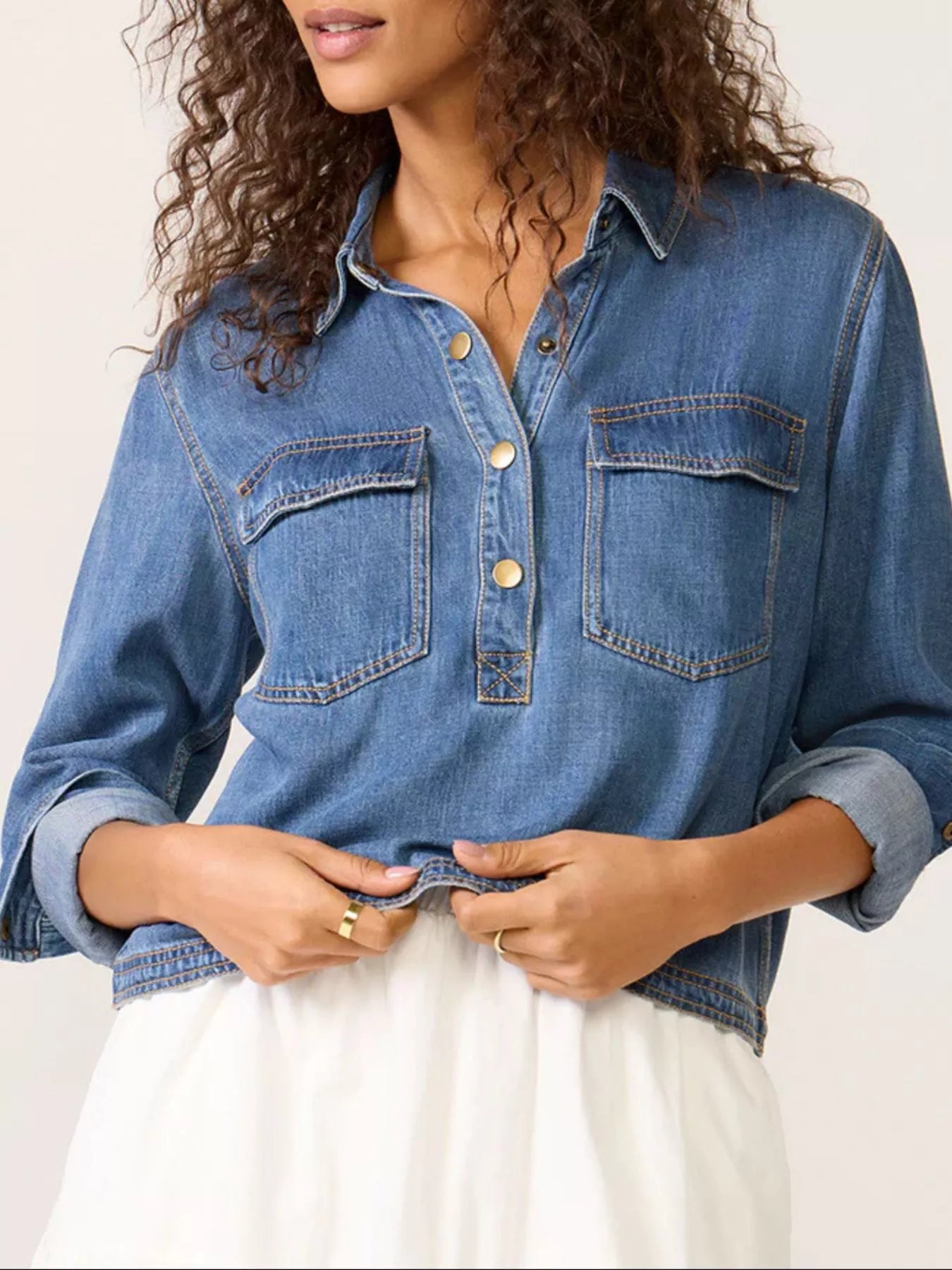 Half Snap Cropped Denim Top Blue