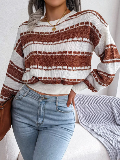 Color Block Round Neck Cropped Sweater