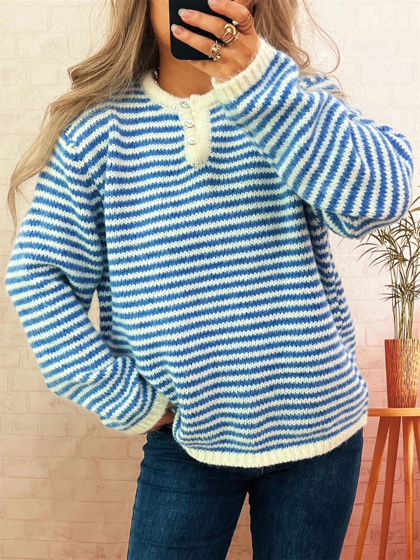 Striped Button Detail Long Sleeve Sweater