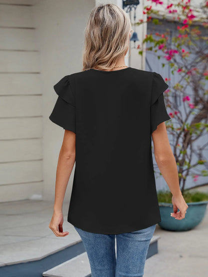 Round Neck Ruffled Layered Sleeve Blouse Black