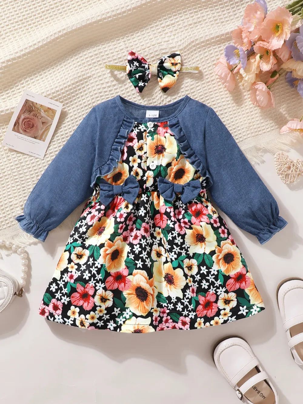 Children's Ruffled Bow Contrast Floral Dress with Headband Floral