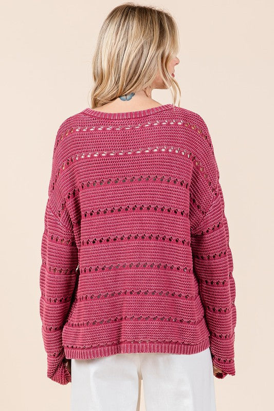 Back To School Sweater - Mittoshop Openwork Round Neck Drop Shoulder Sweater