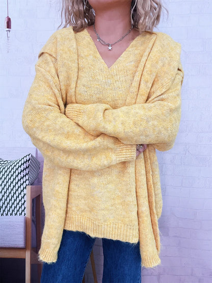 Ribbed Hem V-Neck Sweater with Shawl Yellow One Size