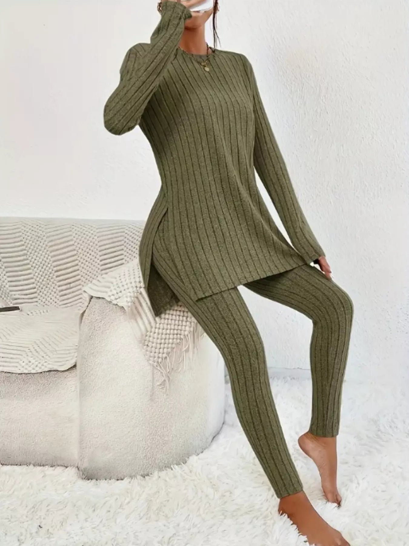 Side Slit Ribbed Top and Pants Set Olive