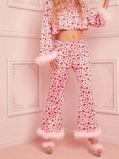 Heart Print Long Sleeve Top and Pants Lounge Set