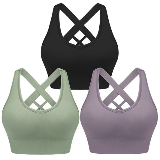 Women's Four Season Solid Nylon Sports Bra - Cross Strap Design Black+purple+green