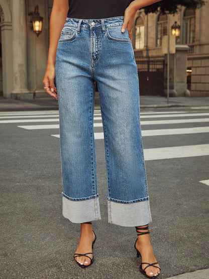 High Waisted Straight Leg Rolled Jeans