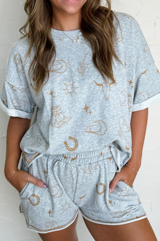 Printed T-Shirt and Elastic Waist Shorts Set Light Gray