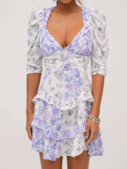 Ruffled Floral Print Half Sleeve Dress Purple