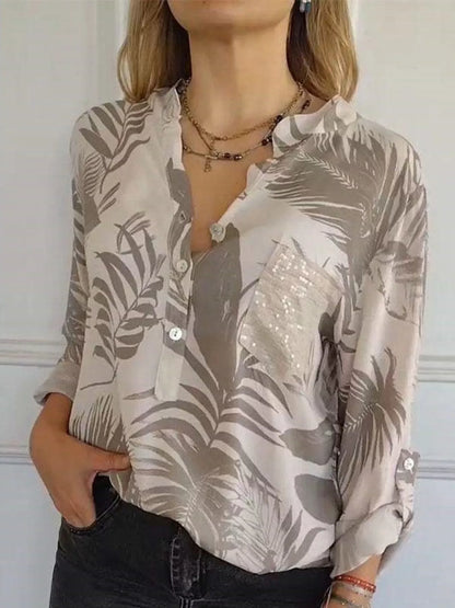Full Size Printed Button Detail Long Sleeve Blouse Plus Size Light Brown