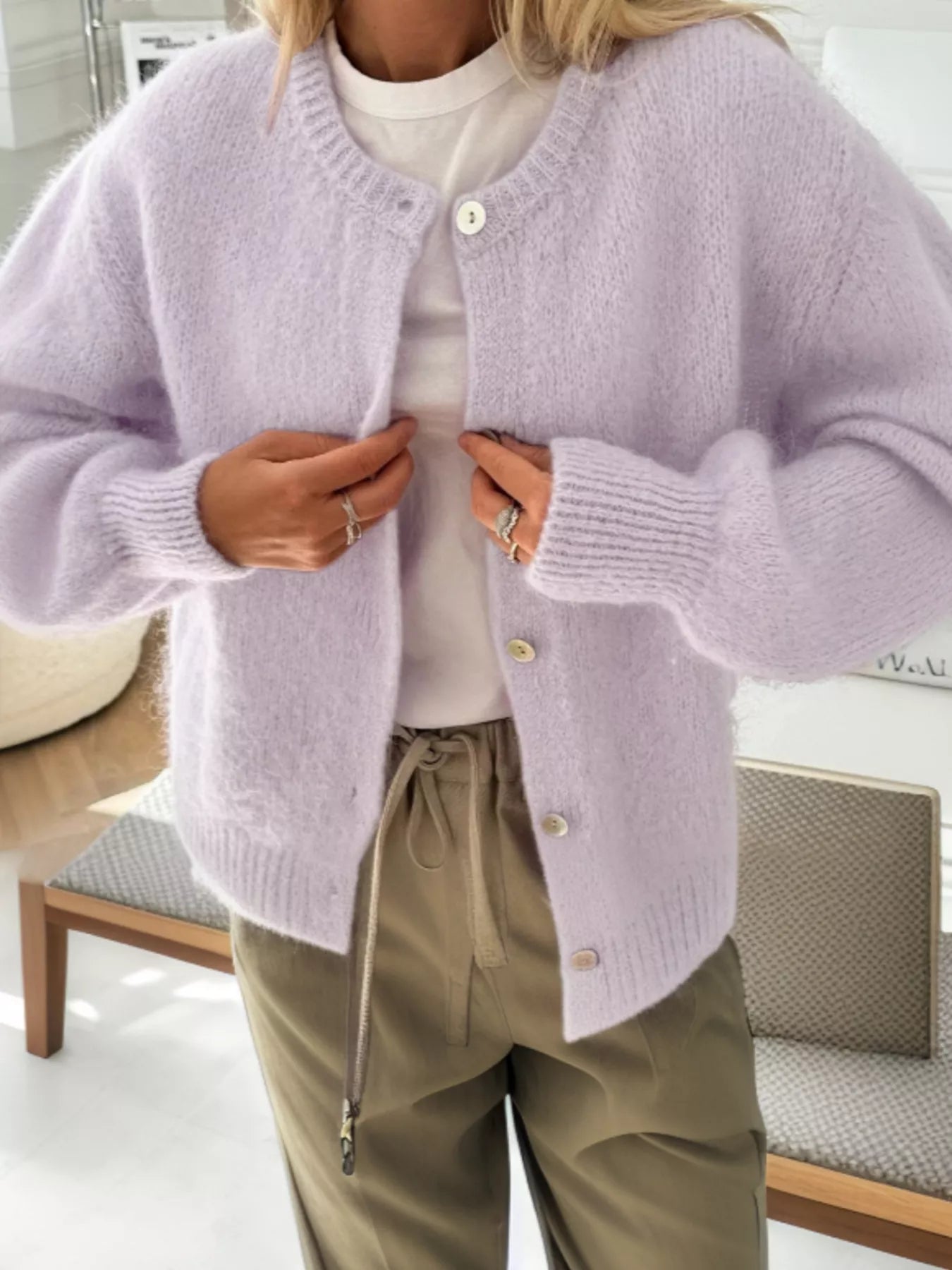 Button-Front Round Neck Cardigan Pink Purple