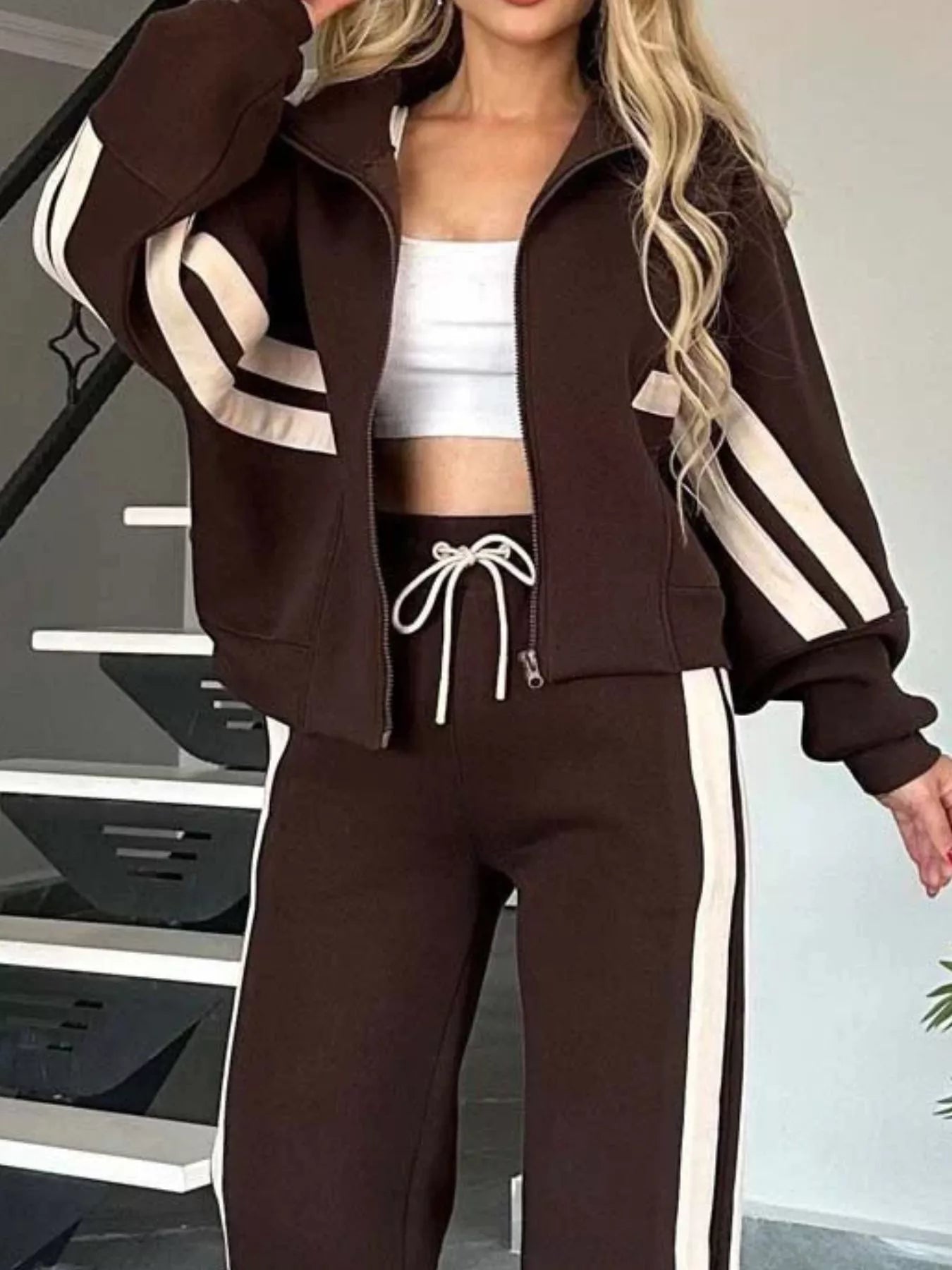 Full Size Contrast Stripe Zip Up Jacket and Pants Set Plus Size