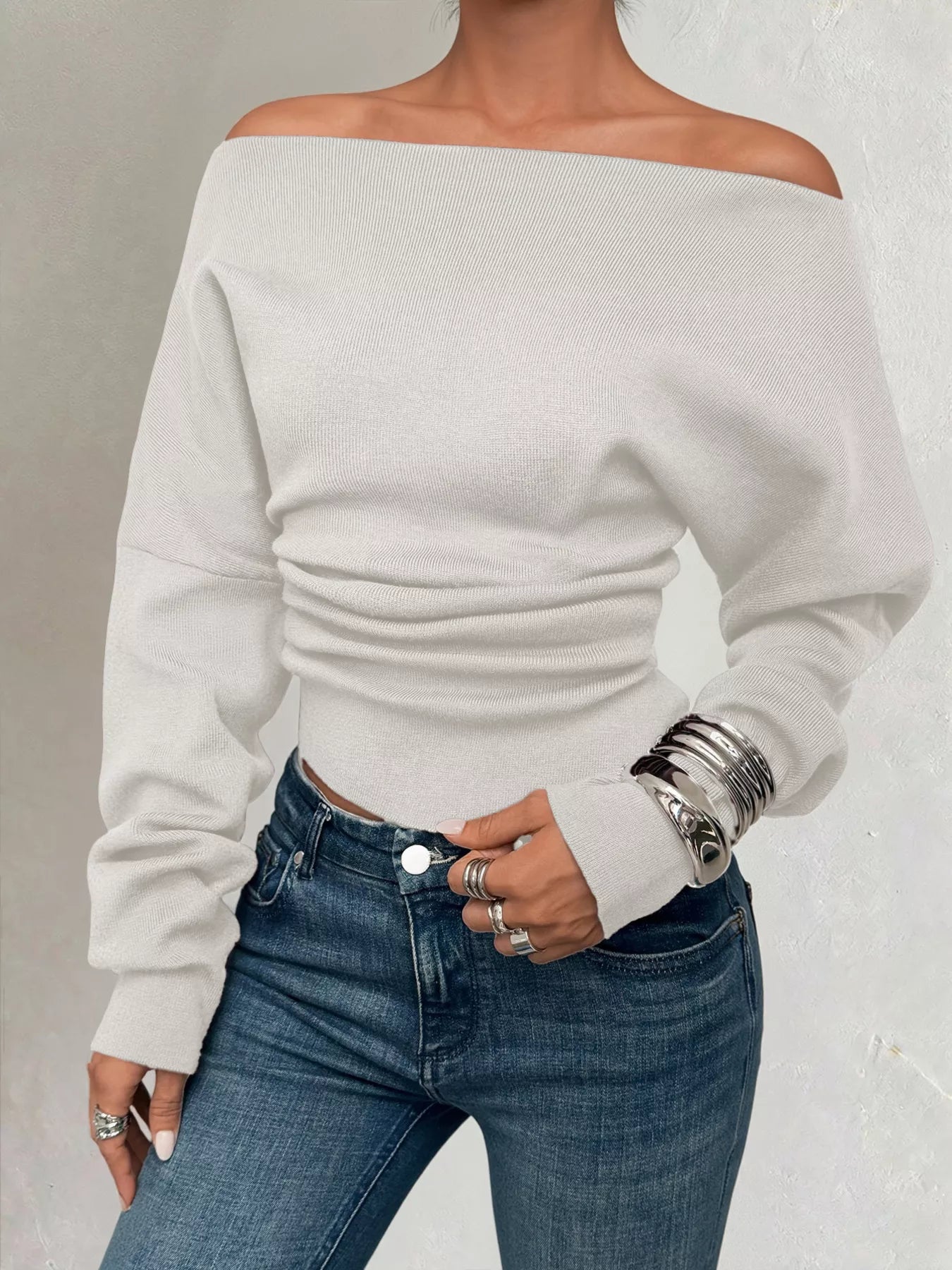 Off-Shoulder Ruched Long Sleeve Sweaer