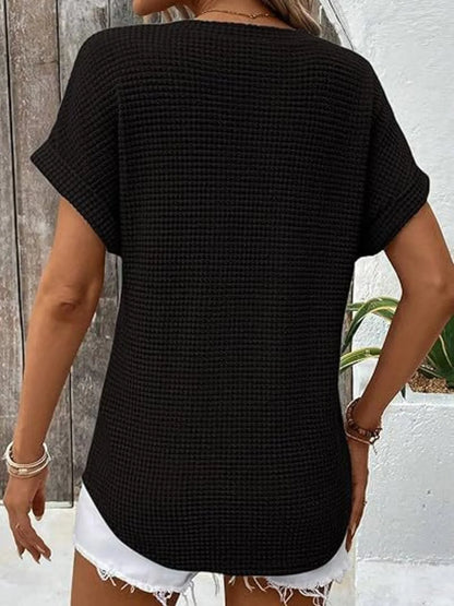 Waffle Knit V-Neck Casual T-Shirt
