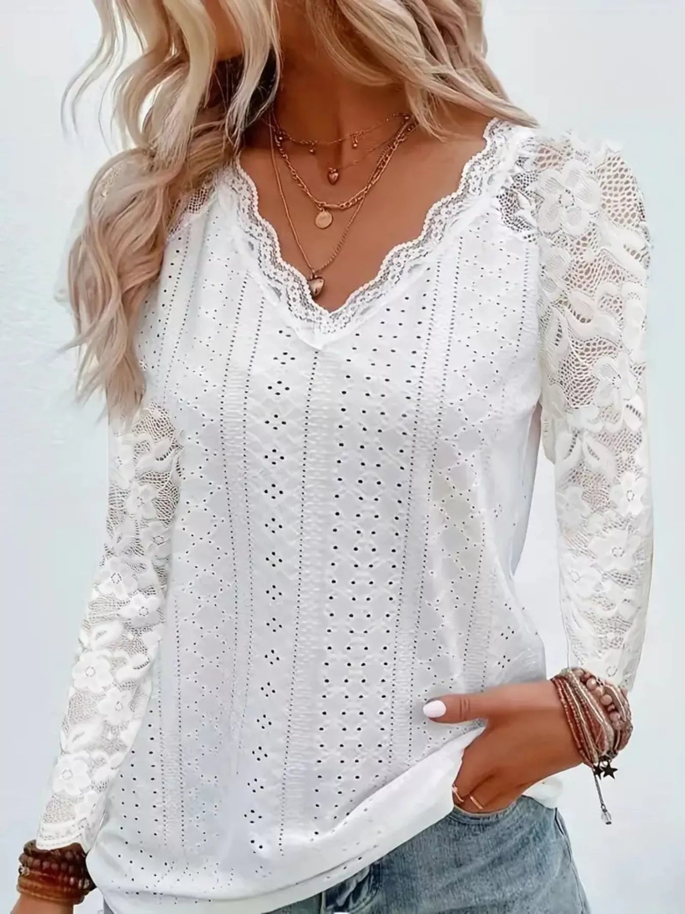 Eyelet Lace Sleeve V-Neck Blouse Gray white