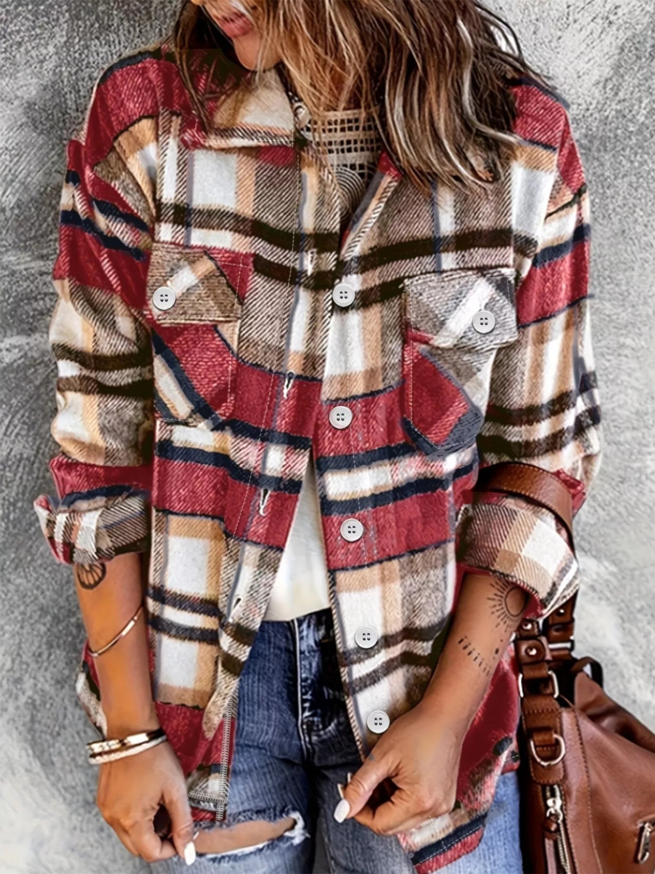 Casual Plaid Button-Down Shacket Scarlet