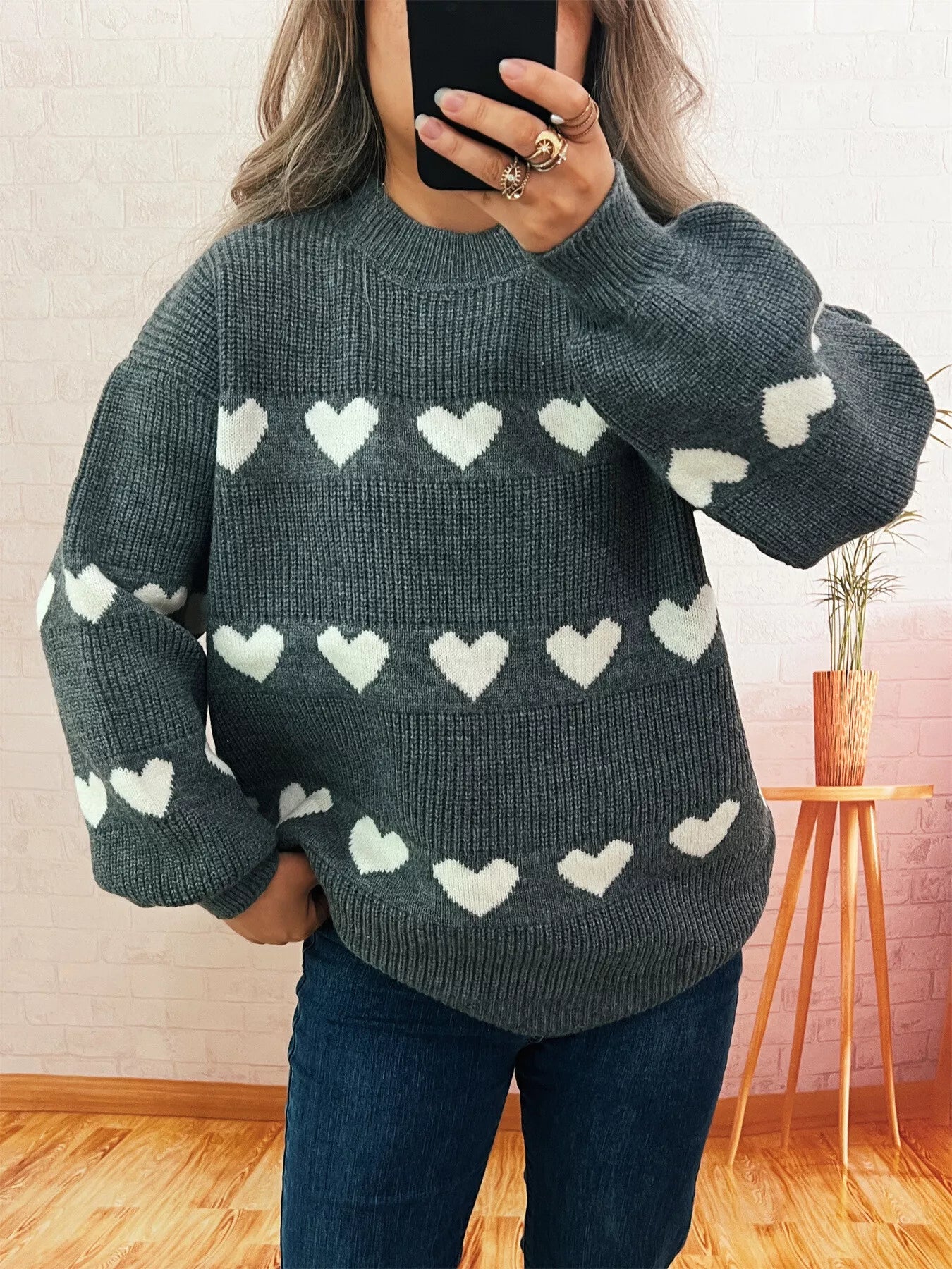 Heart Pattern Dropped Shoulder Sweater