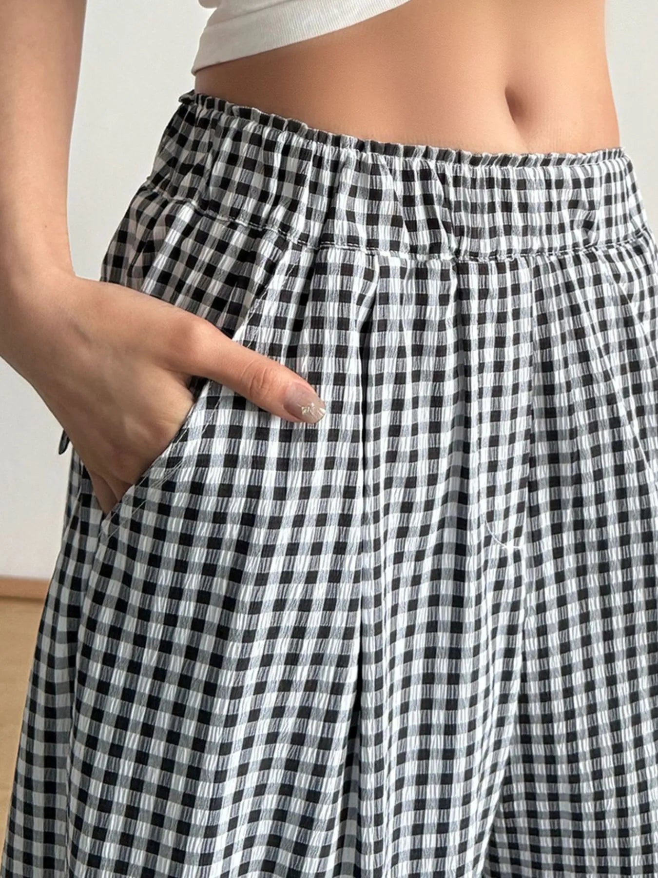 Gingham Check Wide Leg Casual Pants