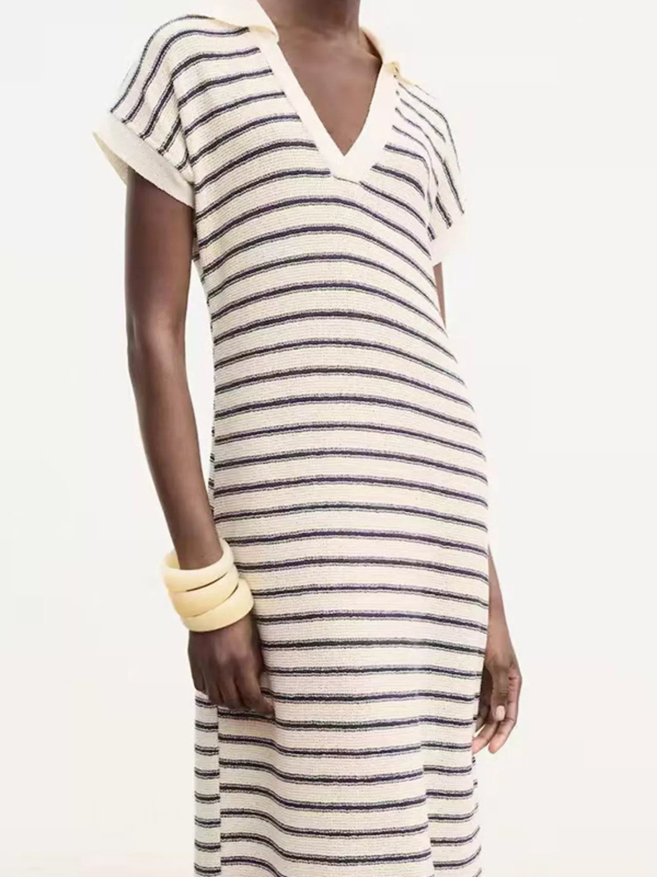 Striped Slit Short Sleeve Maxi Dress Black