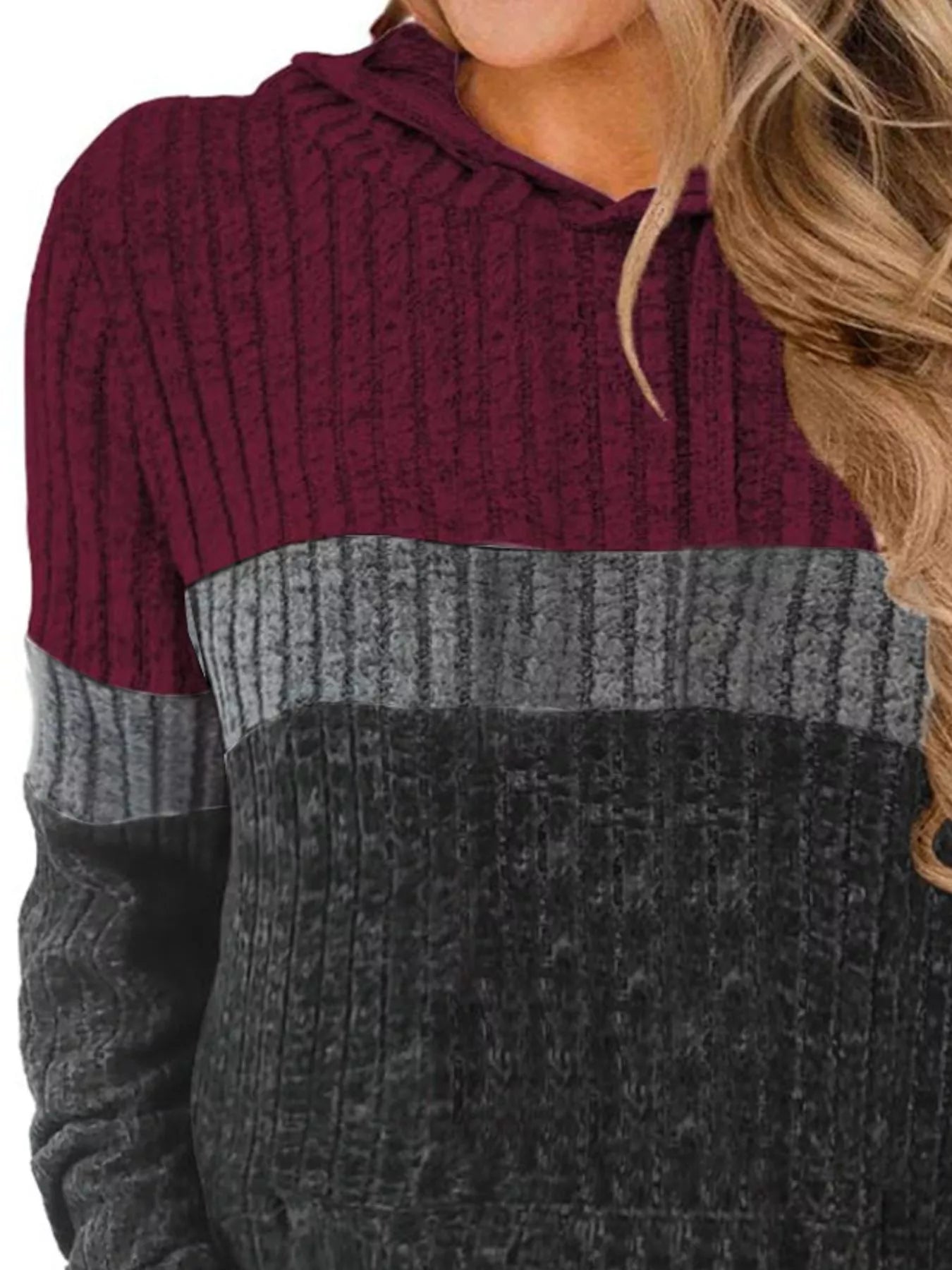 Full Size Color Block Ribbed Knit Hoodie Plus Size