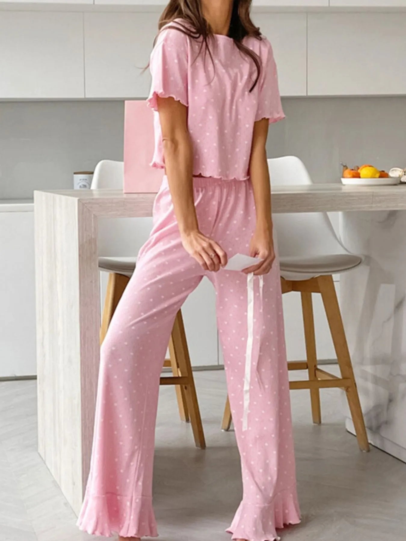 Polka Dot Round Neck Top and Pants Lounge Set