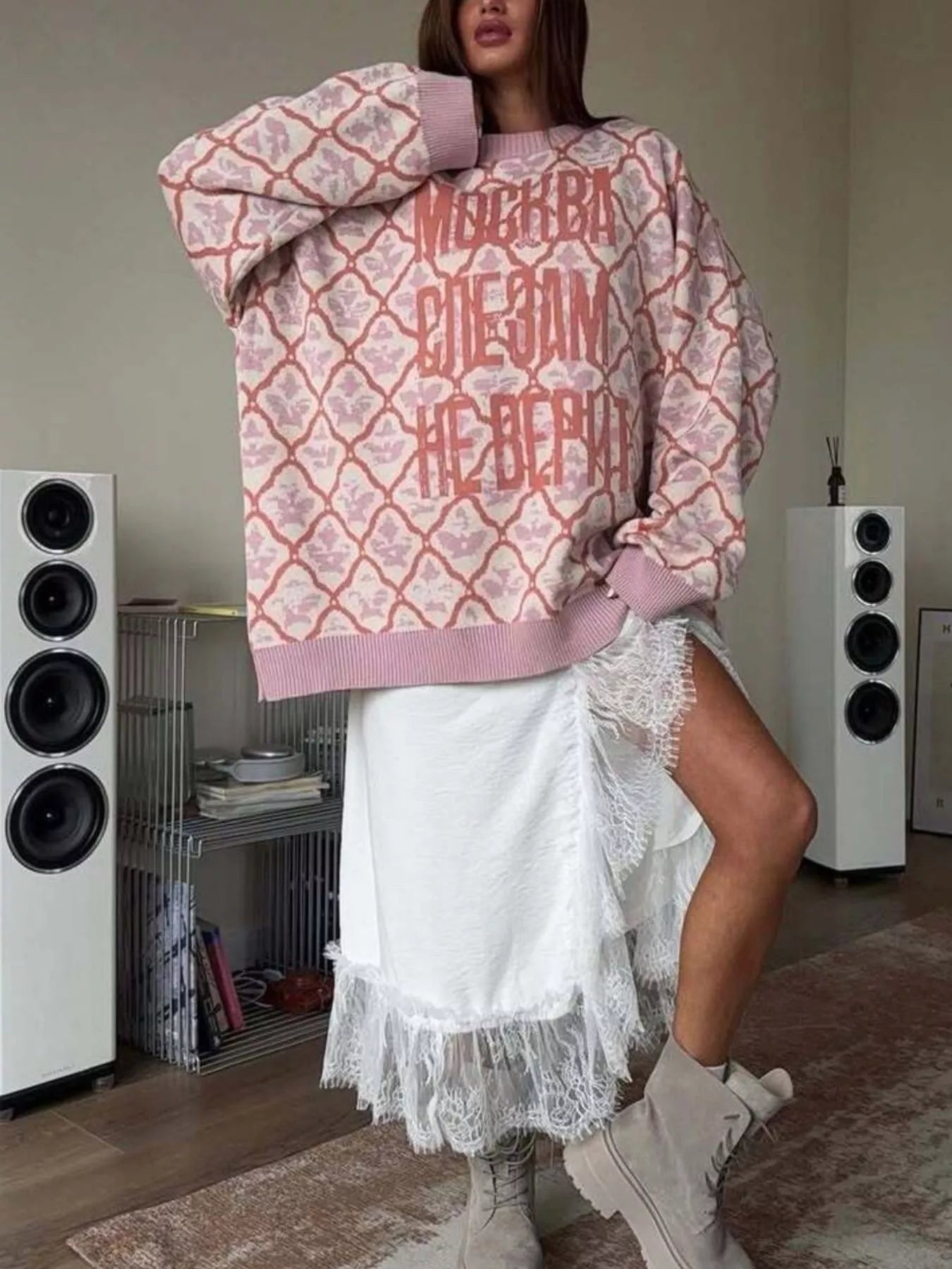 Letter Round Neck Long Sleeve Sweater