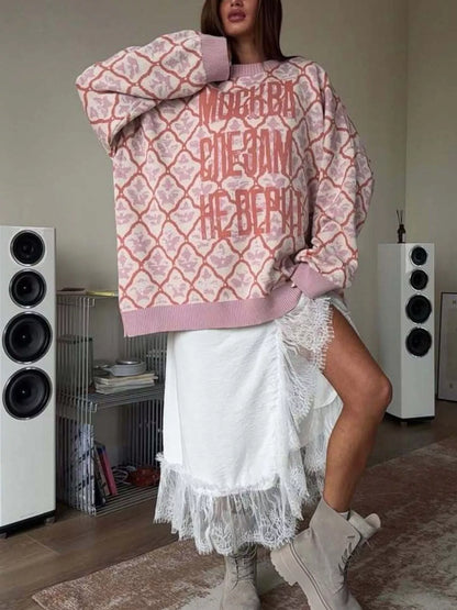 Letter Round Neck Long Sleeve Sweater