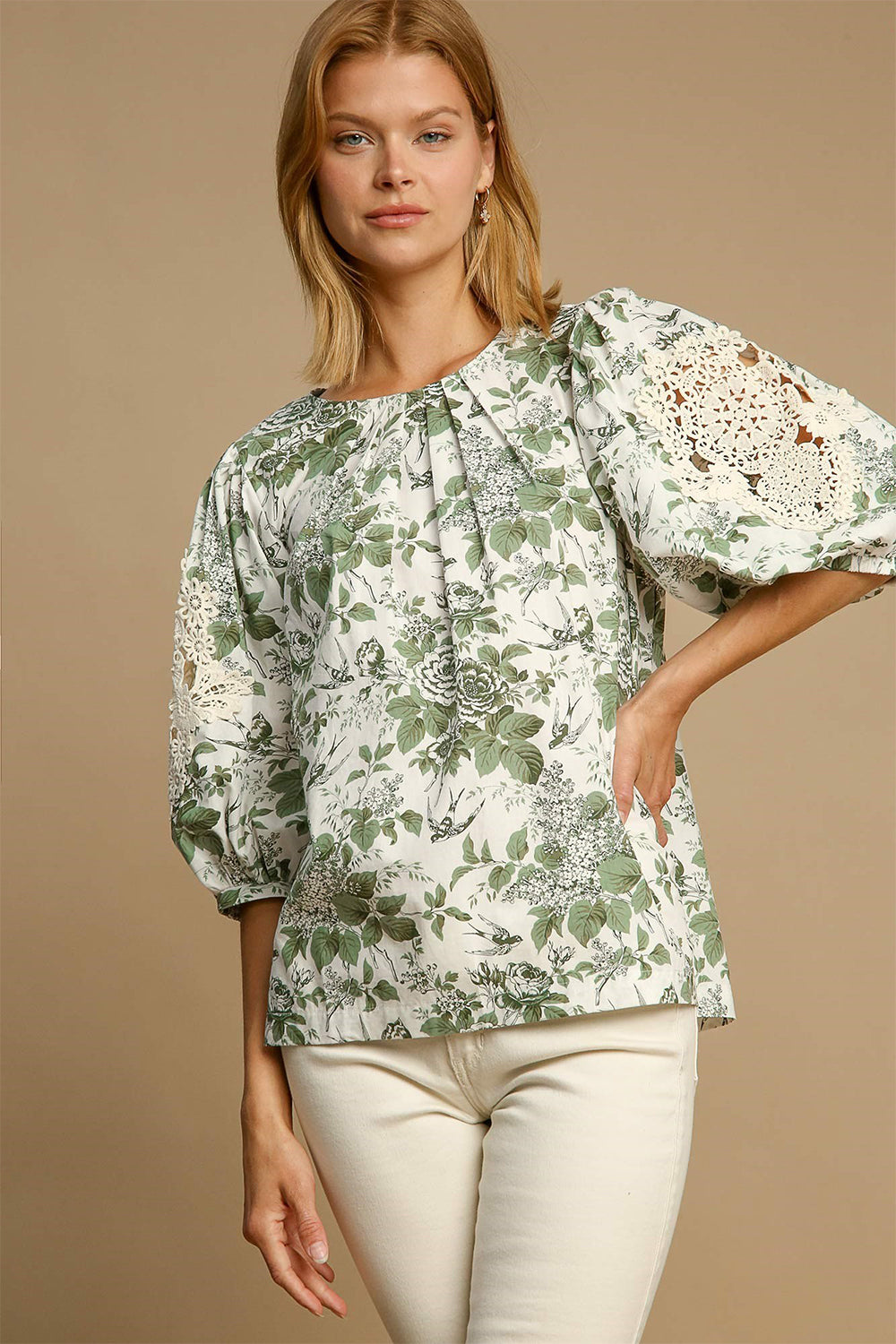 Umgee Floral Pleated Detail Lace Trim Sleeve Blouse Sage