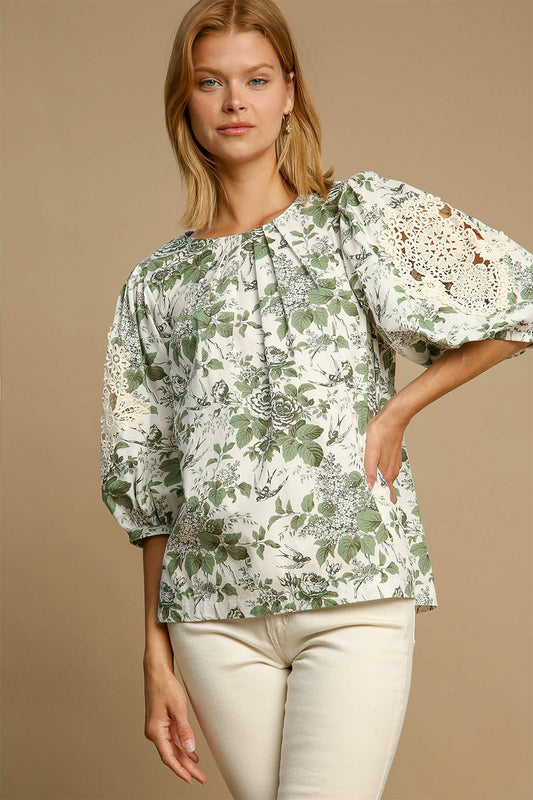 Umgee Floral Pleated Detail Lace Trim Sleeve Blouse Sage