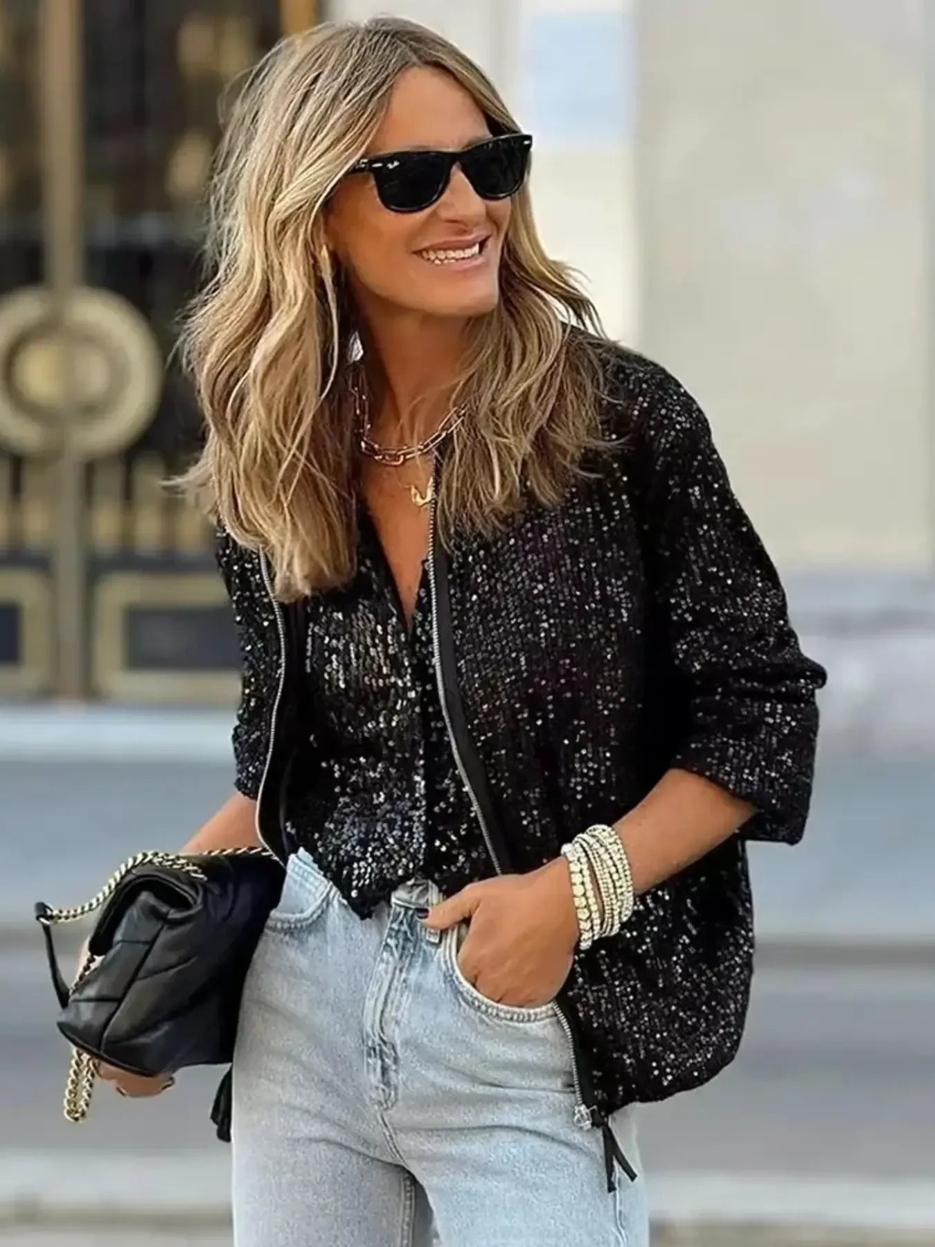 Sequin Zip Up Long Sleeve Jacket
