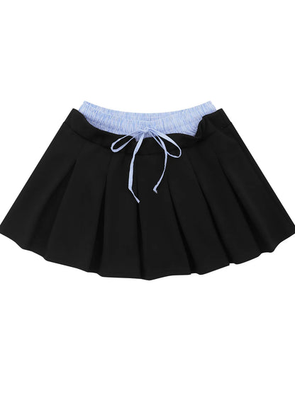 Drawstring Pleated Mini Skirt Black